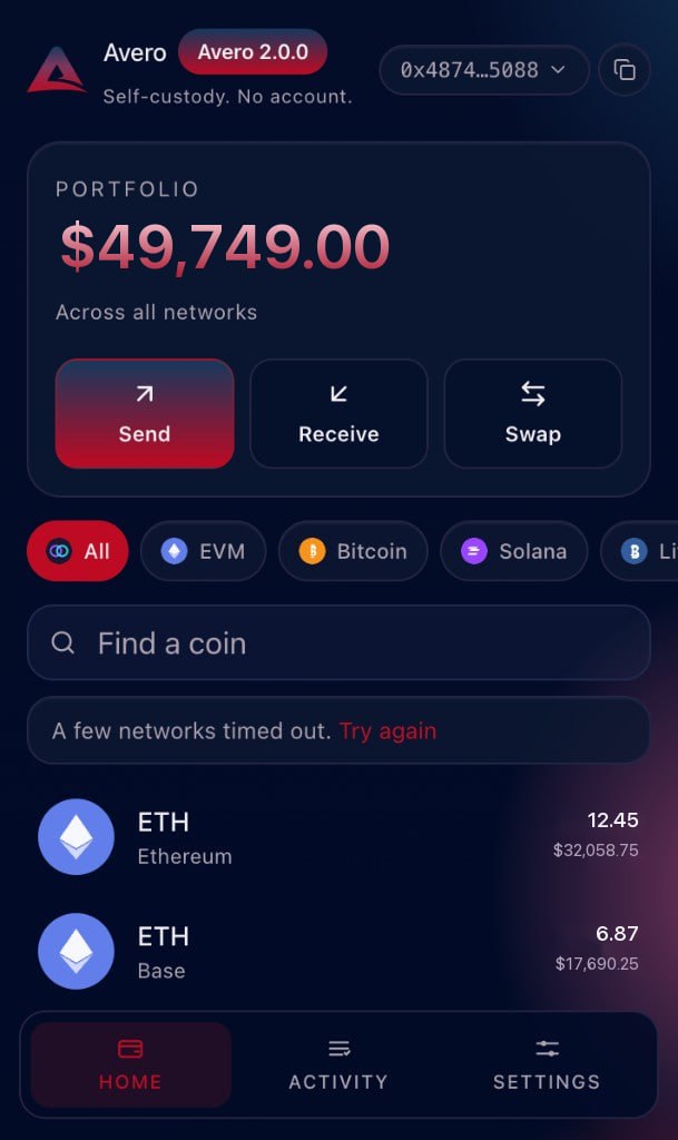 Avero Wallet 2.0.0 home in the Chrome popup.